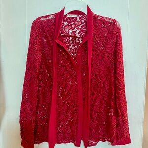 Women’s red sheer lace floral dressy blouse with long ties at the neck size M